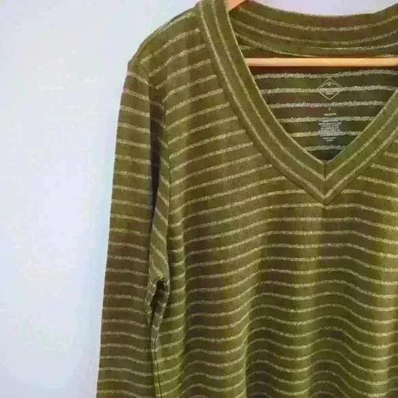 🌴2/$25🌴ST. JOHN'S BAY | Women's Olive/White Striped Cotton Long Sleeved Top - Picture 2 of 5
